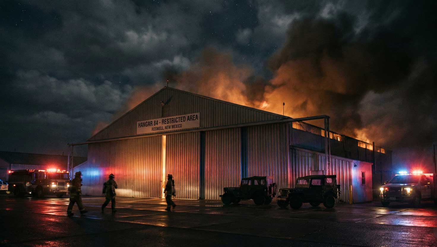 Smoke rising from Roswell’s historic Hangar 84 as emergency lights illuminate the structure during a mysterious fire.