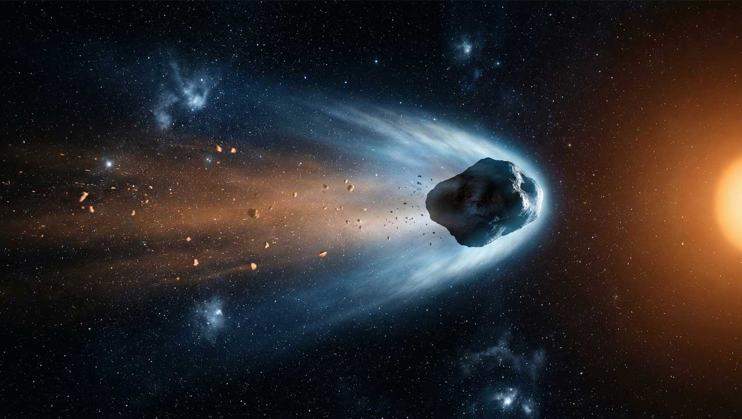 Interstellar object 3I ATLAS with a strange inward pointing anti tail and faint fragments forming a swarm behind it.
