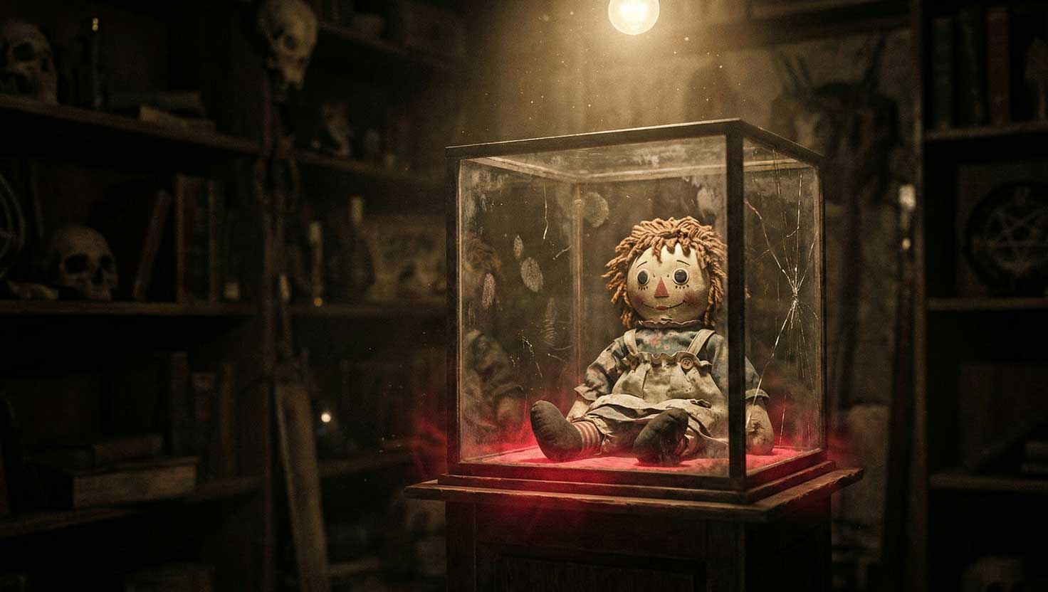 A creepy vintage doll locked inside a cracked glass case glowing with eerie red light inside a dim occult museum.