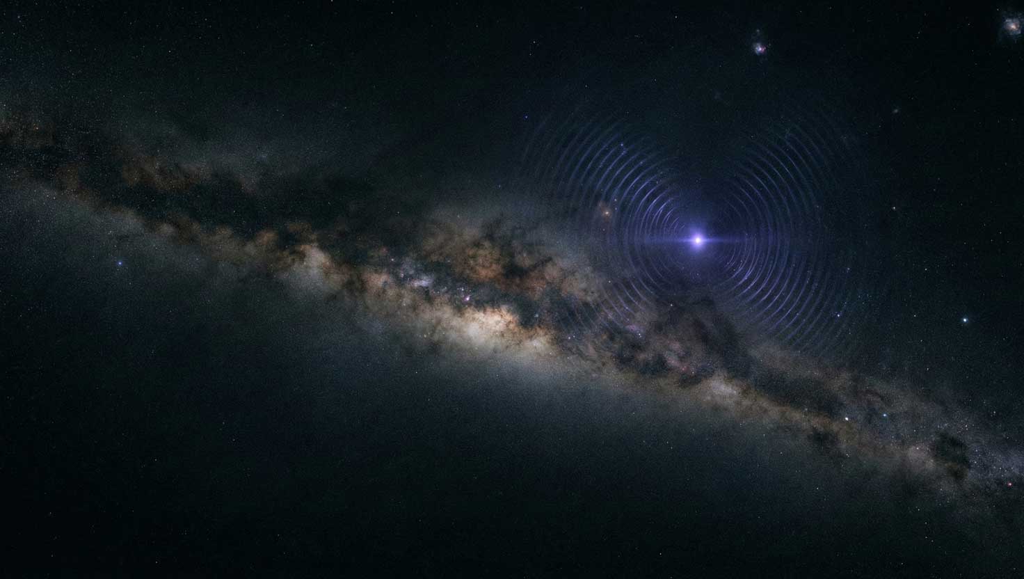 Artist scene of the Milky Way with a glowing point on the outer rim sending out circular radio wave patterns.